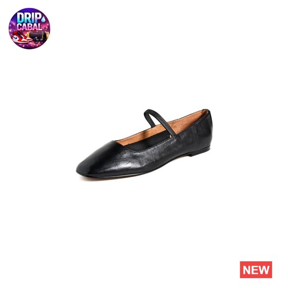 Shoes - Leather Ballet Flats with Elastic Strap and Padded Footbed